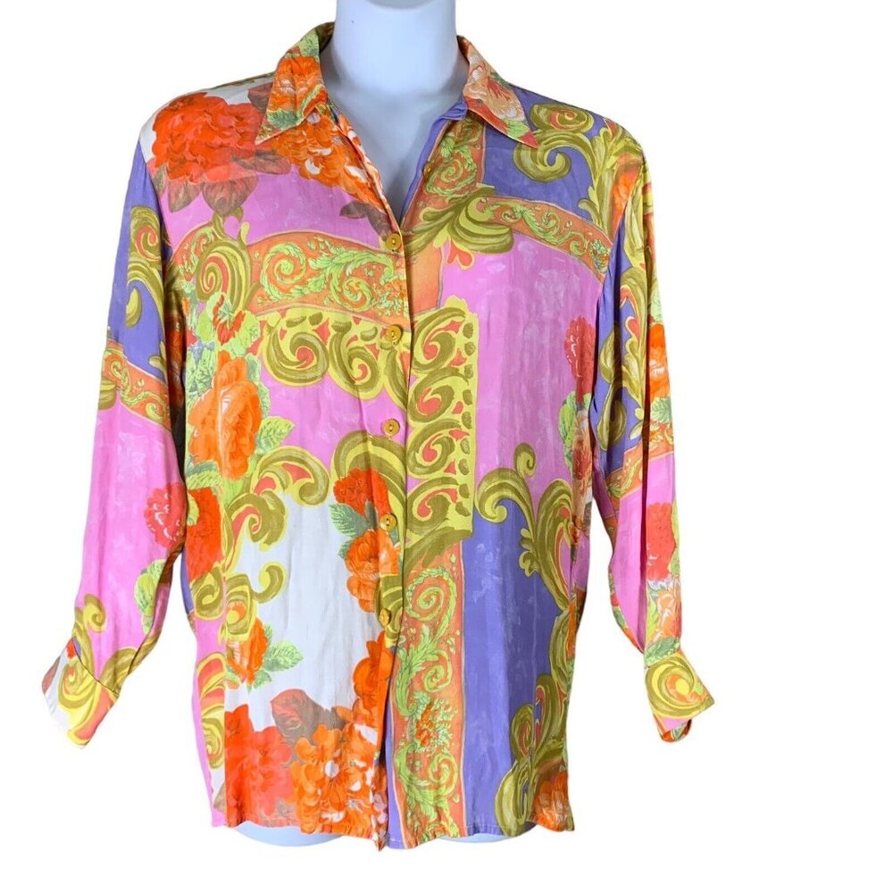Alain Manoukian 38 Blouse Mulitcolor Floral Print Long Sleeved Womens Sz Medium